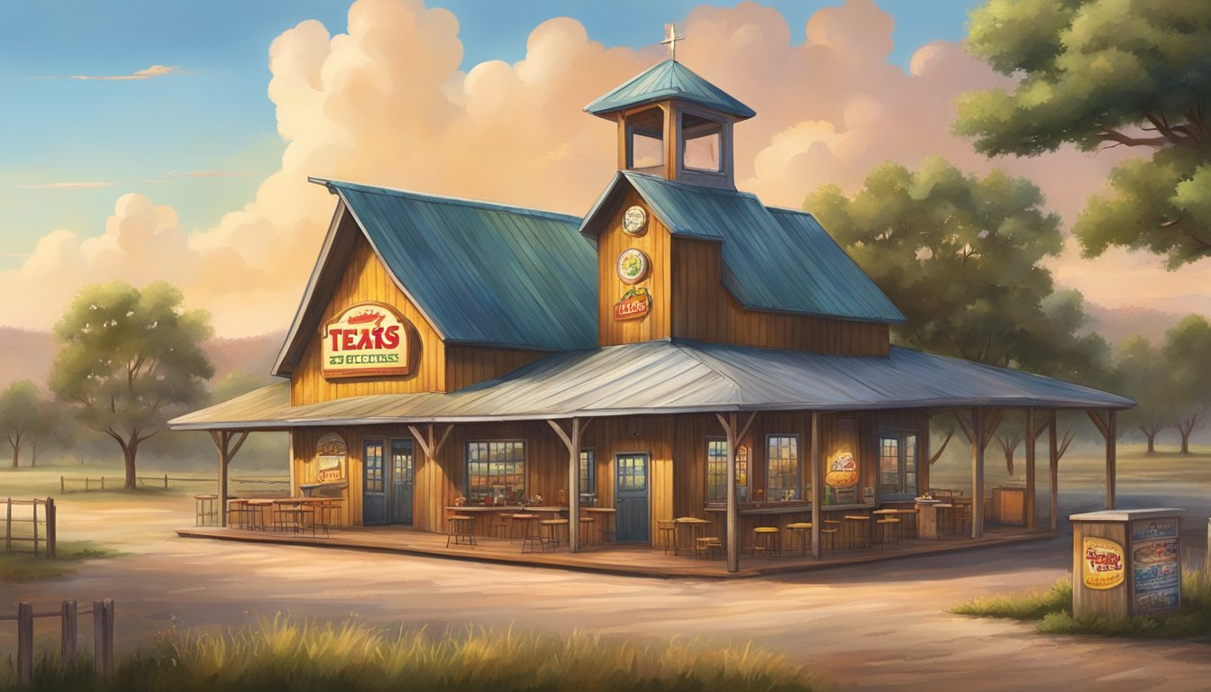 A rustic Texas ranch with a sprawling landscape, a charming old Church's Texas Chicken restaurant, and a display of colorful, handcrafted sauce bottles