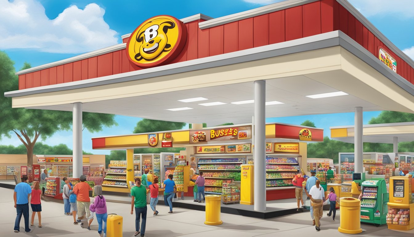 A bustling Buc-ee's store in Lake Jackson, TX, with towering gas pumps, a large beaver mascot, and a crowd of happy customers