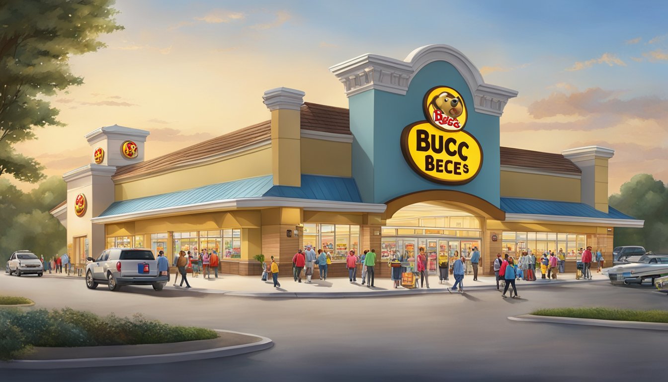 A bustling Buc-ee's store with a giant beaver mascot, fuel pumps, and a long line of customers entering the spacious and clean building