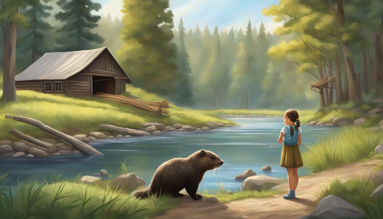 A young girl with pigtails feeds a friendly beaver by a tranquil creek. Tall trees and a rustic barn complete the idyllic scene