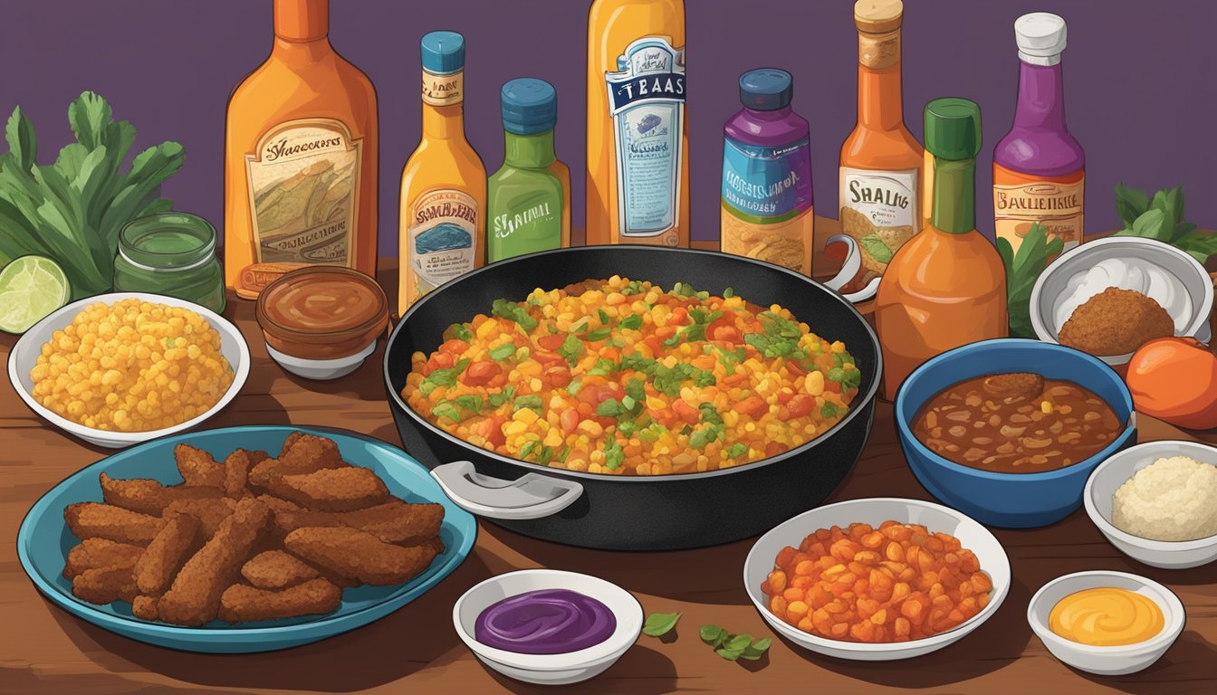 A colorful array of Texas and global ingredients arranged around a sizzling skillet, with bottles of signature sauces lined up in the background