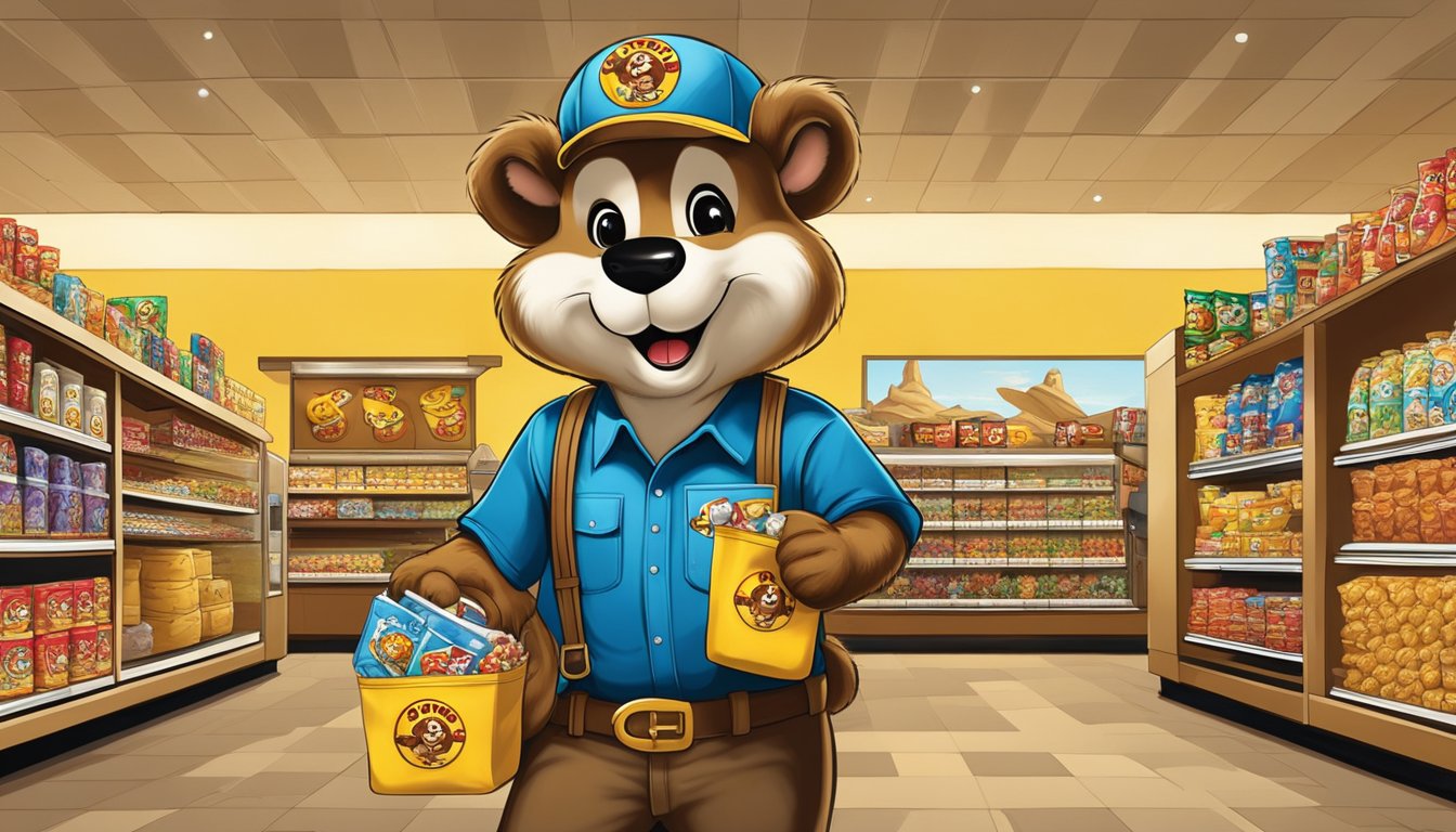 A cheerful Buc-ee's beaver mascot surrounded by iconic Buc-ee's merchandise and snacks, welcoming customers to the famous travel center