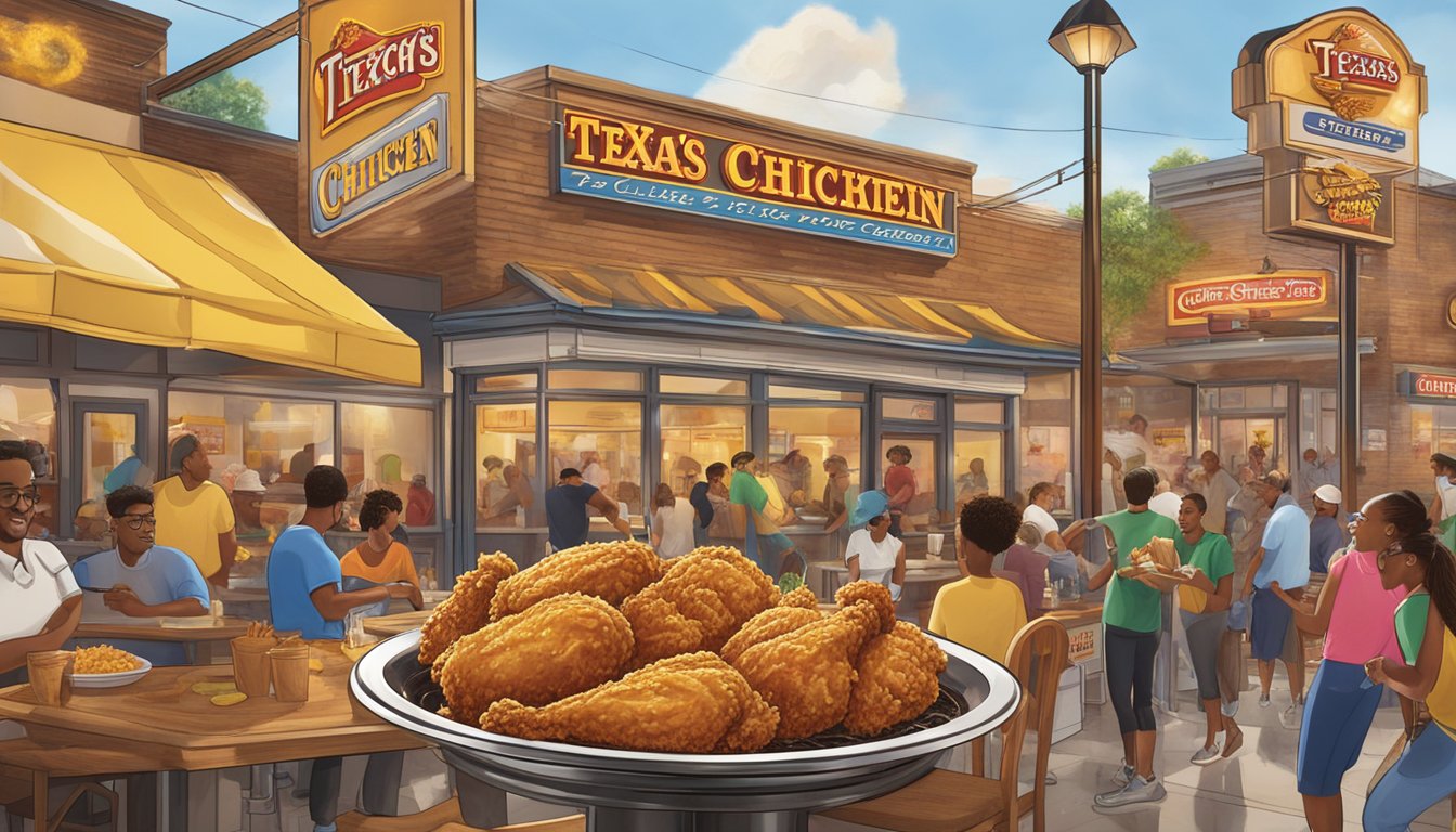 A sizzling skillet of Church's Texas Chicken's signature sauces being drizzled over a golden fried chicken, surrounded by a bustling restaurant filled with enthusiastic customers