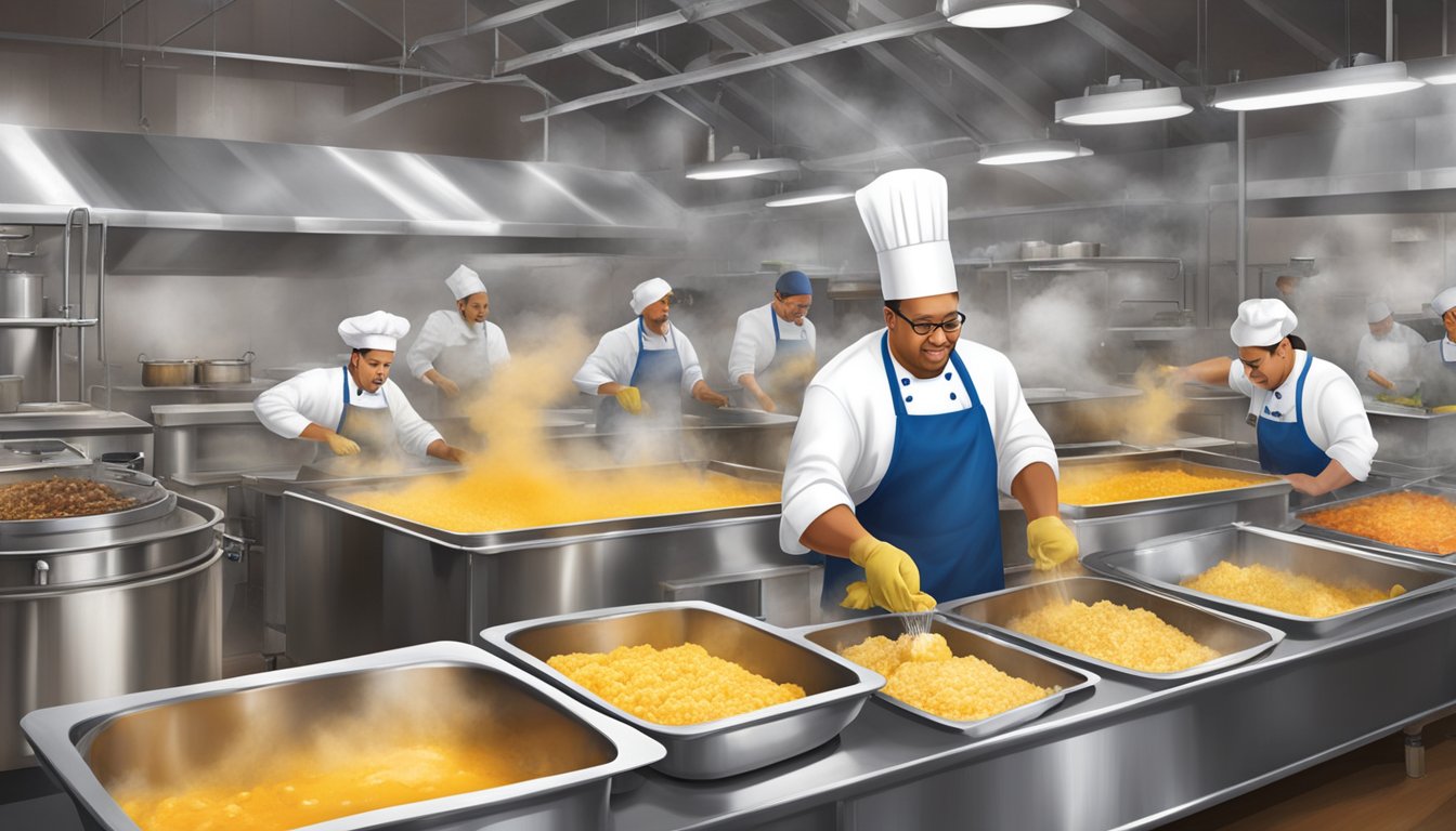 A chef mixing various ingredients in large pots, steam rising, as workers package sauces in a bustling kitchen for Church's Texas Chicken