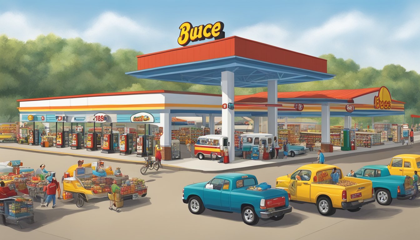 A bustling Buc-ee's gas station in Texas, with a giant beaver mascot and rows of fuel pumps, snacks, and merchandise