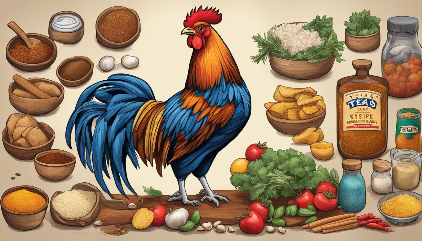 A colorful array of Texas-themed ingredients and spices arranged around a proud rooster mascot