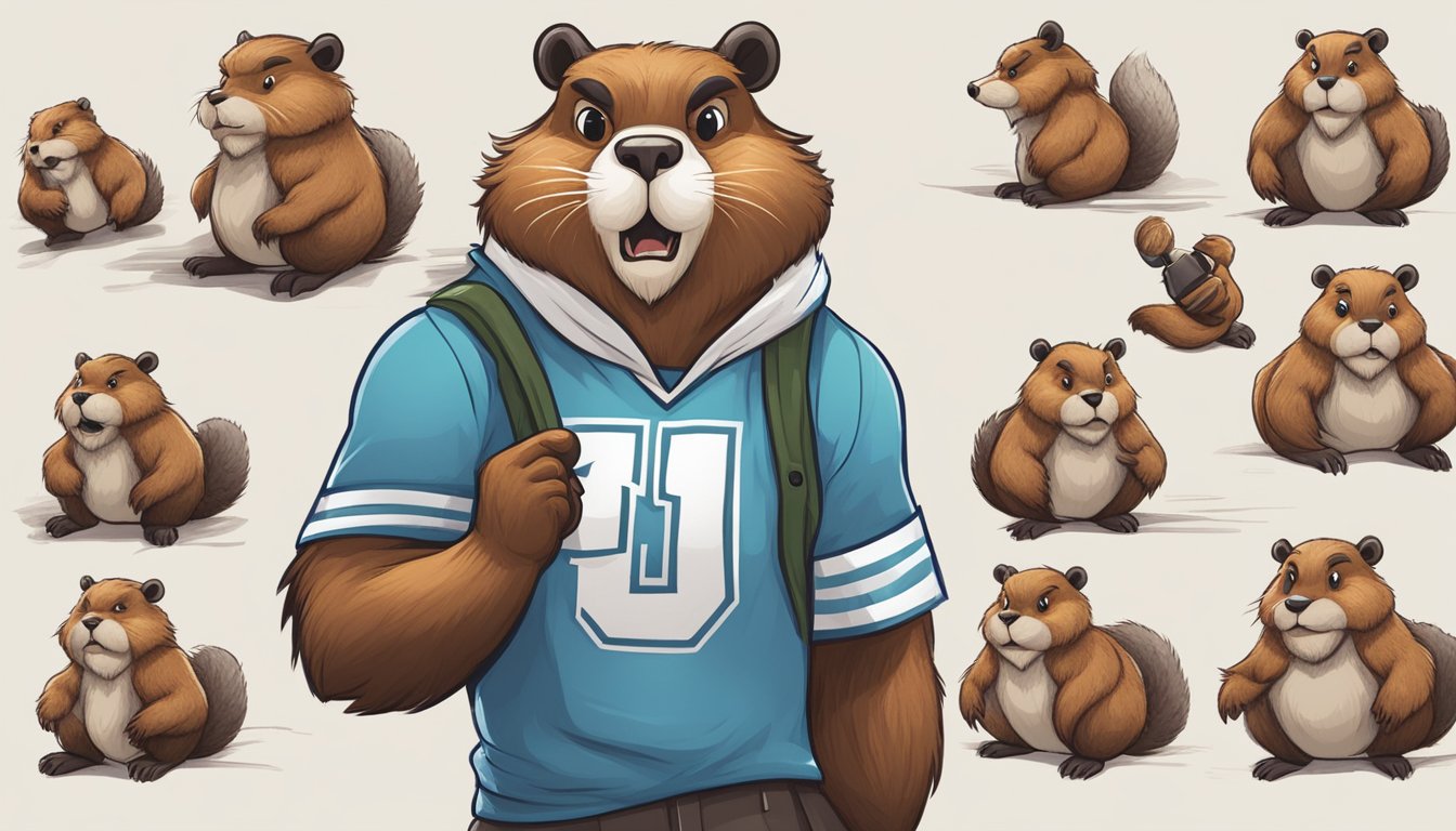 A beaver mascot surrounded by rejected design sketches, looking determined and ready to play Beaverball