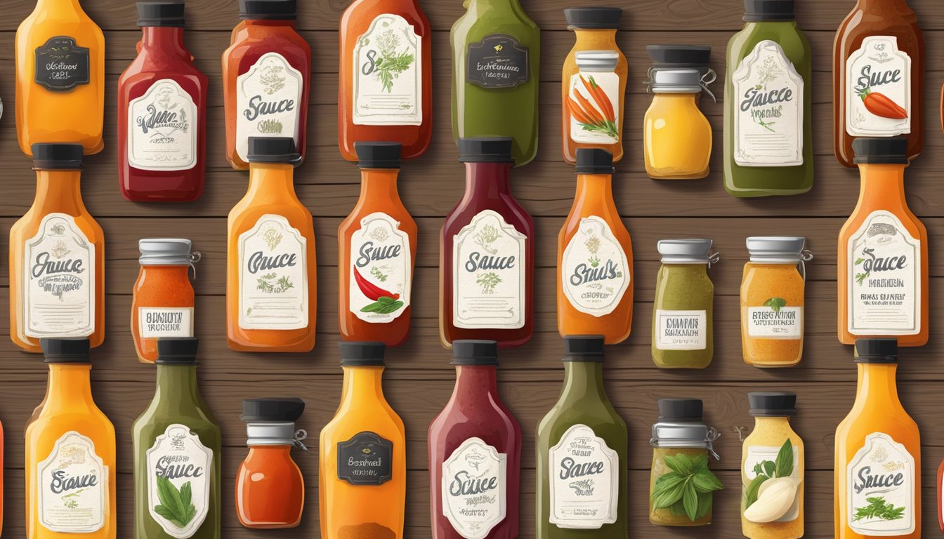 A colorful array of sauce bottles with unique labels and flavors displayed on a rustic wooden table, surrounded by fresh herbs and spices