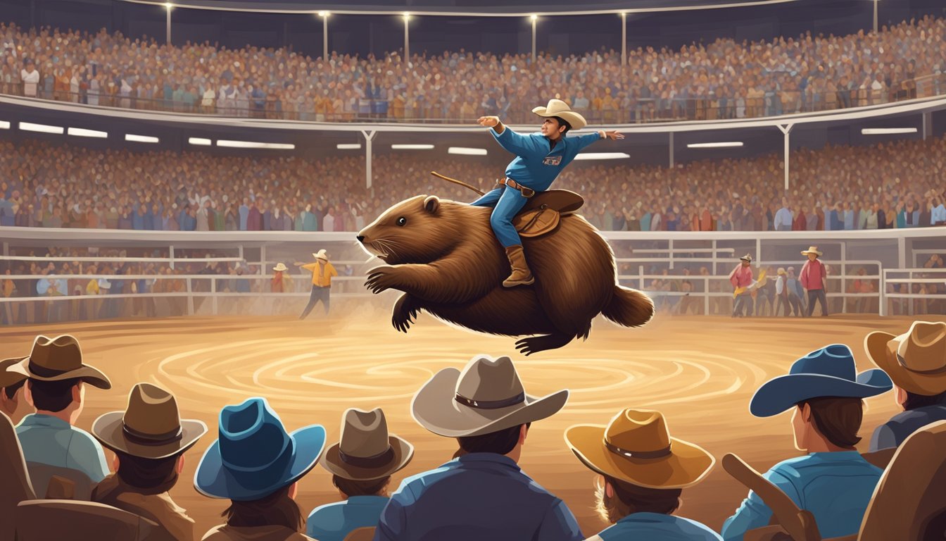 A beaver wearing a cowboy hat and boots, riding a bucking bronco in a rodeo arena surrounded by cheering spectators