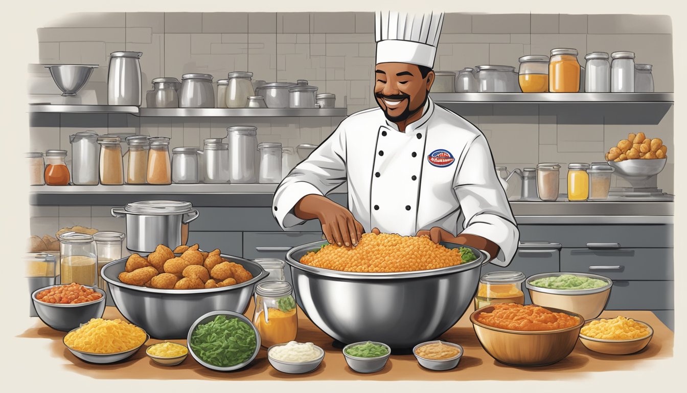 A chef carefully selects and prepares a variety of fresh, high-quality ingredients, blending them together in a large mixing bowl to create Church's Texas Chicken's signature sauces