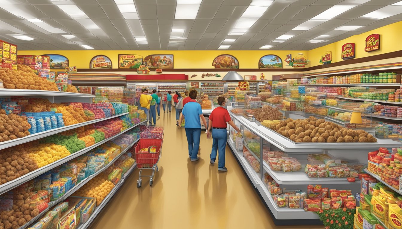 A bustling Buc-ee's store with a prominent display of "Beaver Nuggets" and various merchandise. Customers and employees move through the aisles