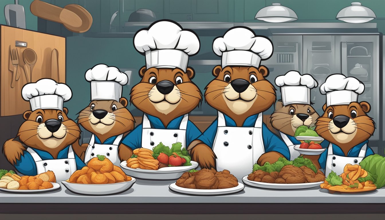 A beaver chef surrounded by rejected mascot designs, looking disappointed