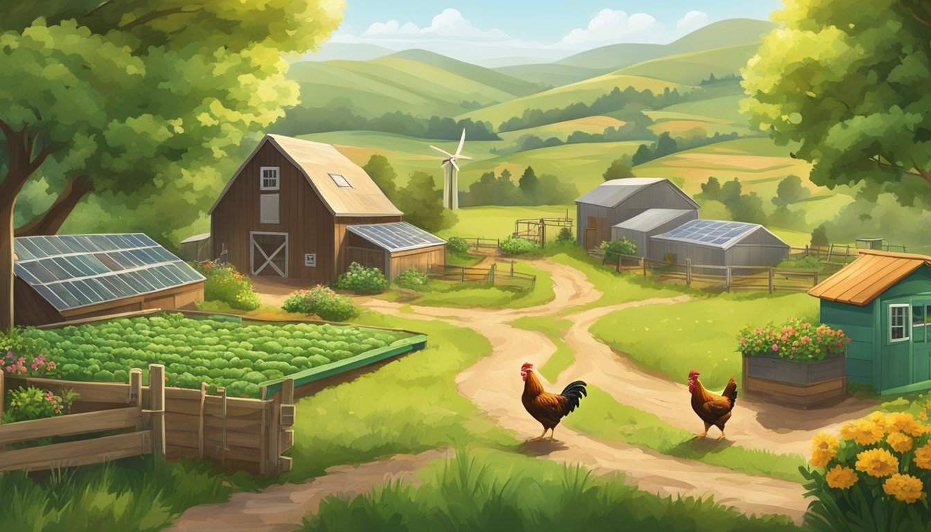 A sunny farm with rolling green hills, wind turbines in the distance, and a chicken coop surrounded by lush gardens and compost bins