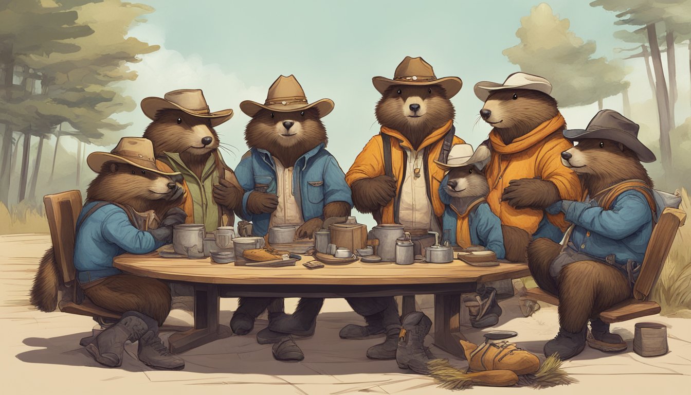 A group of anthropomorphic beavers in cowboy attire, each with a unique design, gathered around a table filled with discarded sketches and concepts