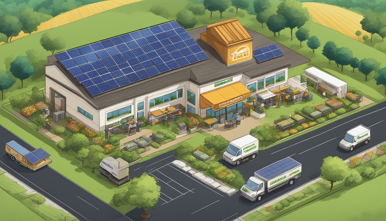 A bustling Texas Chicken restaurant surrounded by lush, green fields and solar panels, with delivery trucks labeled "Sustainable Sourcing and Procurement."