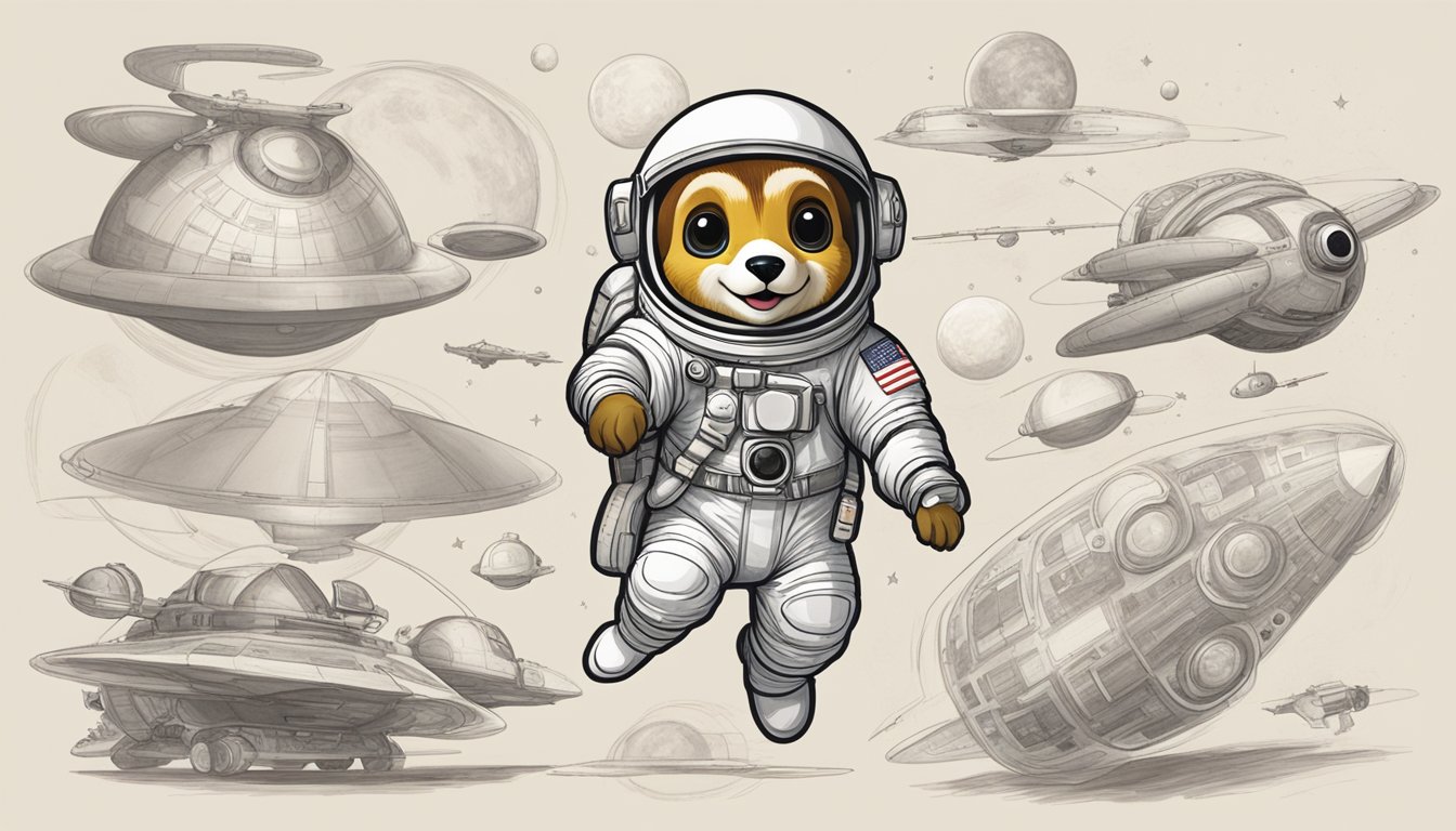 Astronaut Buc-ee's mascot floating in space, surrounded by rejected design sketches