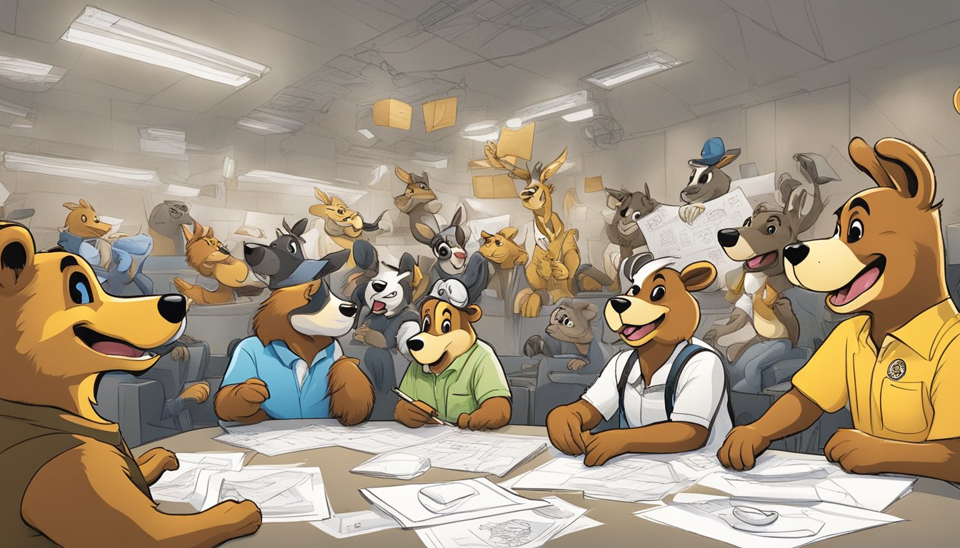 A group of animal mascots gather in a brainstorming session, surrounded by discarded design sketches. They eagerly discuss potential ideas for Buc-ee's iconic mascot