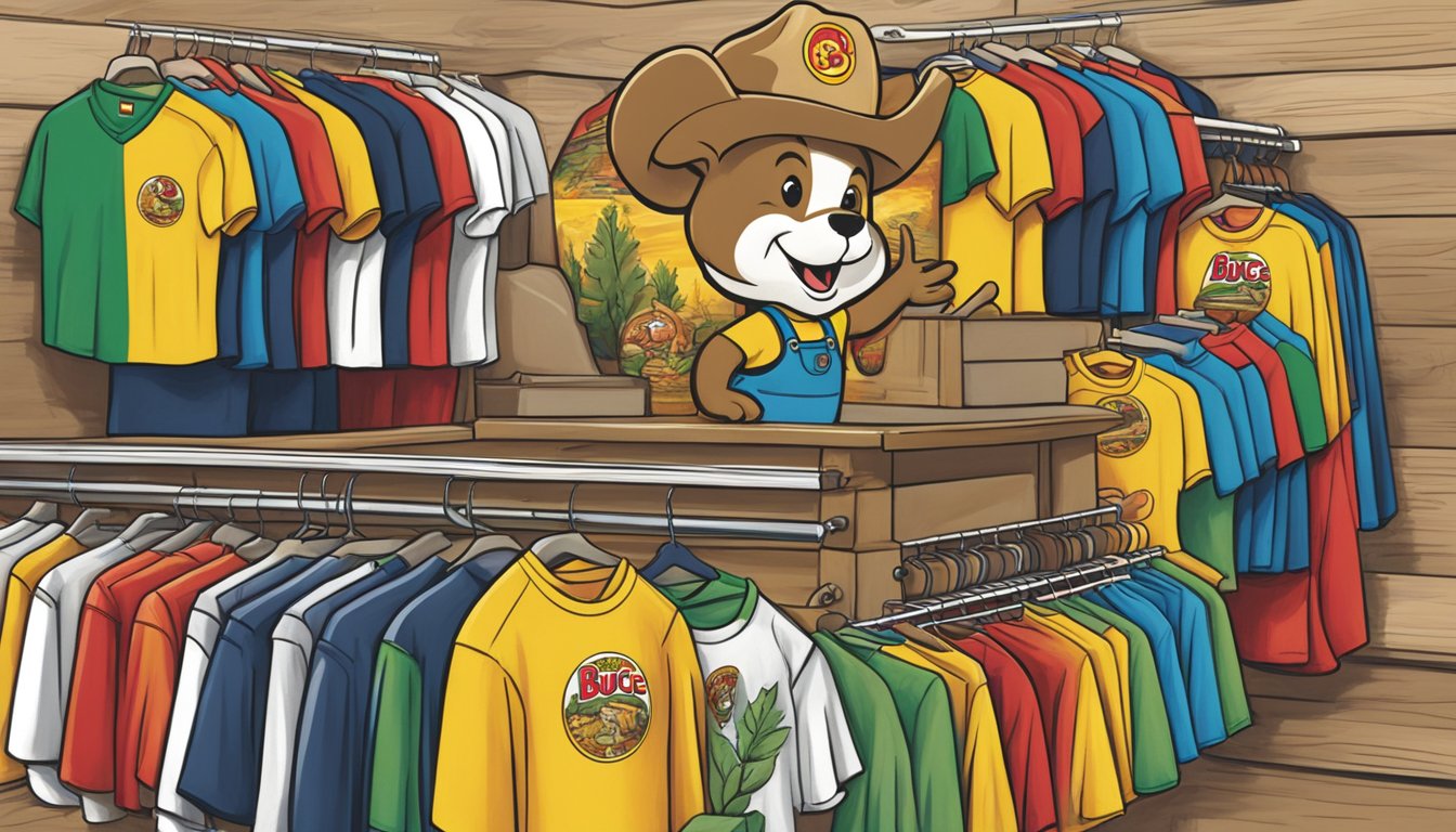 A colorful display of Buc-ee's branded apparel with the logo prominently featured