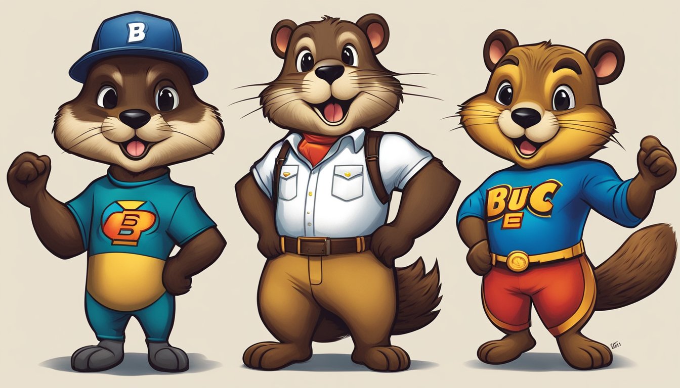 A group of rejected mascot designs for Buc-ee's, including a beaver in various outfits, a superhero beaver, and a beaver with exaggerated features