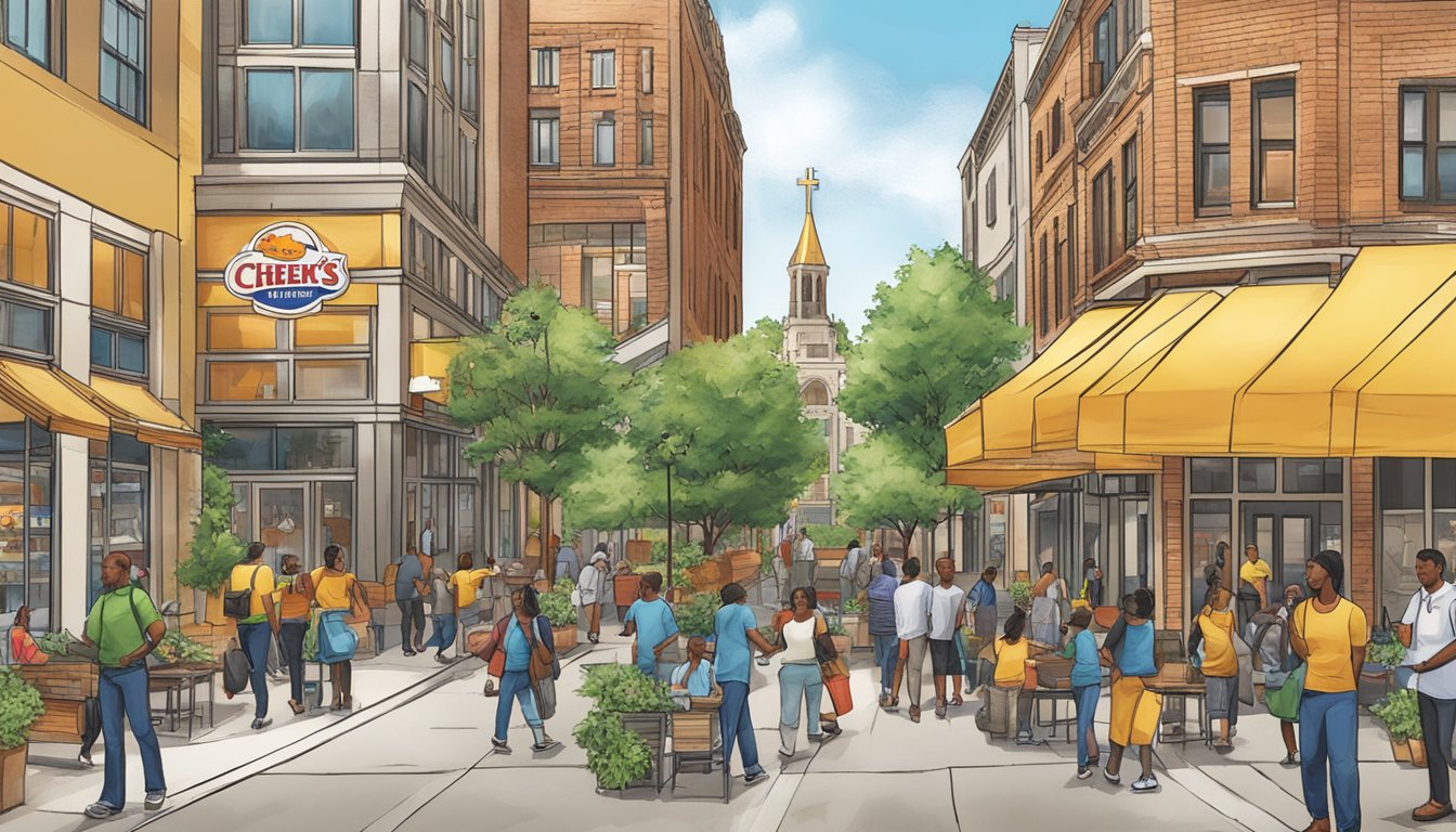 A bustling urban street with Church's Texas Chicken restaurant promoting sustainability through educational outreach and community engagement