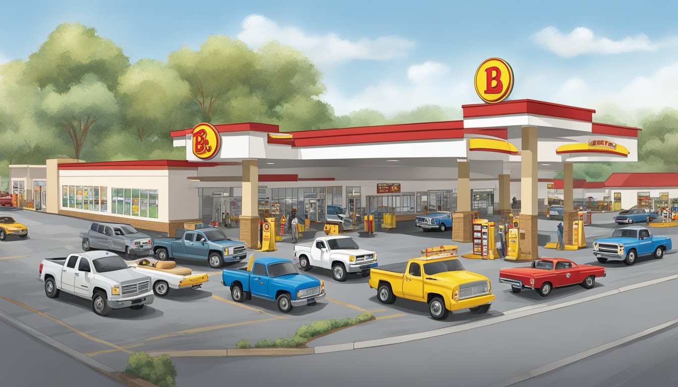 A bustling Buc-ee's gas station and convenience store with construction crews working on expanding the building. A line of vehicles fills the parking lot