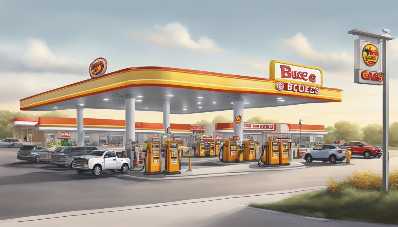 A bustling Buc-ee's gas station with various fuel pumps, signs, and a constant flow of vehicles coming and going