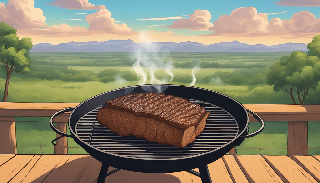 A sizzling brisket on a smoking grill, surrounded by a Texas landscape with a sense of destiny in the air