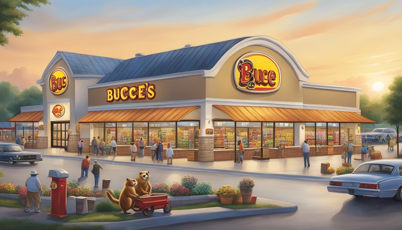 A sprawling Buc-ee's store surrounded by bustling gas pumps and a steady stream of customers coming and going. Bright lights and a large, iconic beaver mascot welcome visitors