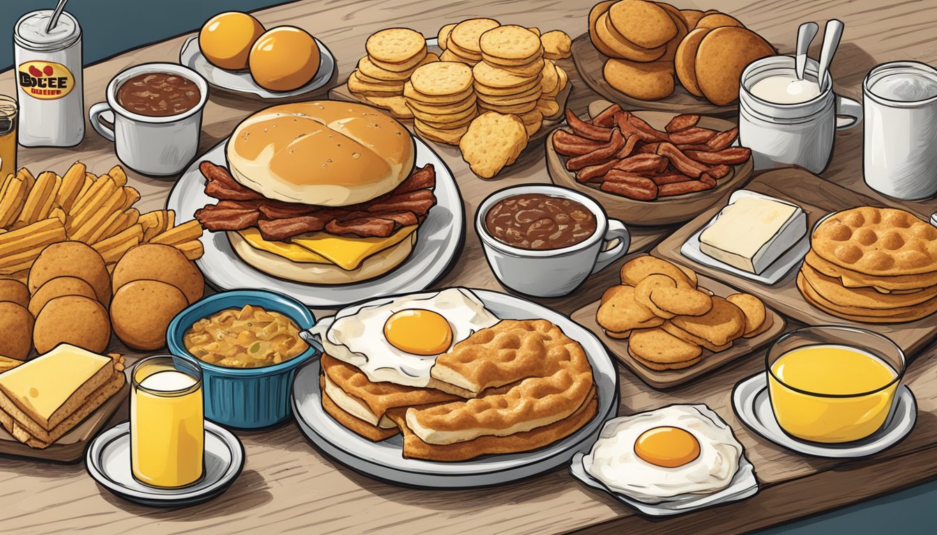 A bacon, egg, and cheese biscuit surrounded by 11 other Buc-ee's breakfast items on a table, ready to fuel a road trip