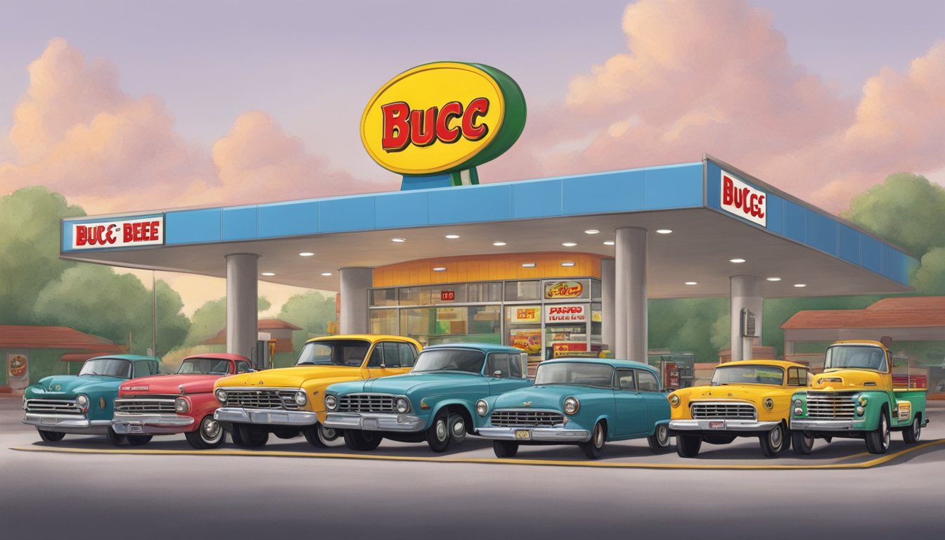 A car parked in front of a Buc-ee's gas station with seven tires stacked next to it