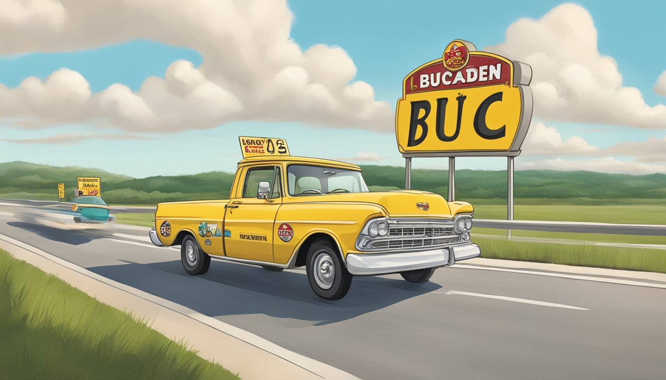 A car driving on a highway with a sign for Buc-ee's in the distance