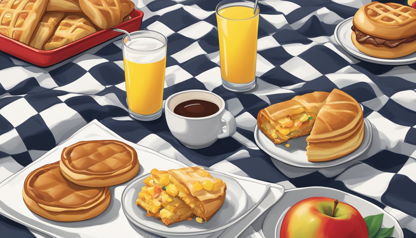 A spread of 12 Buc-ee's breakfast items, including an apple Danish, displayed on a checkered picnic blanket with a car in the background