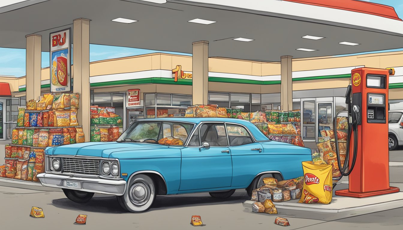 A car parked at Buc-ee's gas station with a pile of snacks spilling out of the backseat, while the gas pump remains untouched