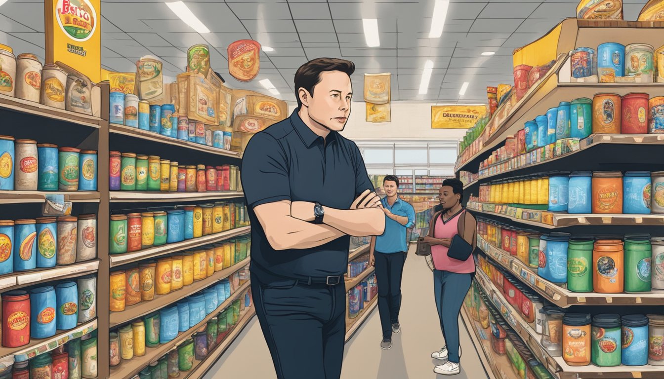 Elon Musk examines a display of travel mugs at Buc-ee's, surrounded by other celebrity shoppers