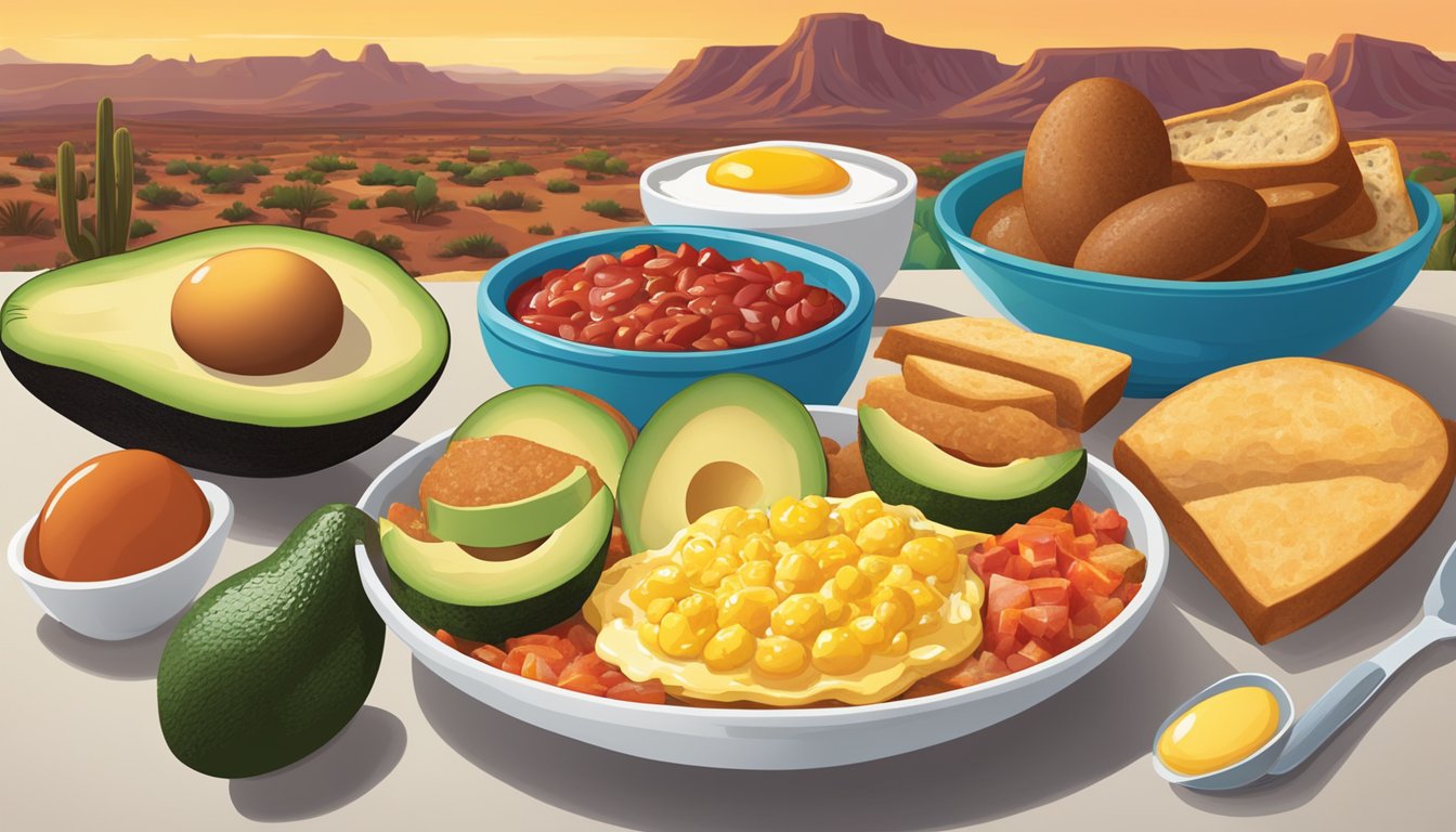 A colorful array of breakfast items arranged in a bowl, including eggs, sausage, avocado, and salsa, with a backdrop of a Southwest desert landscape