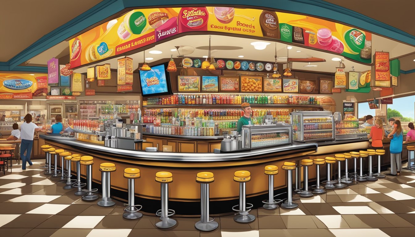 A colorful soda fountain overflowing with an abundance of drink options, surrounded by a backdrop of Buc-ee's iconic branding and cheerful atmosphere