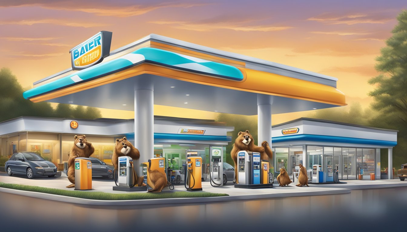 A bustling gas station with towering fuel pumps, a convenience store, and a giant beaver mascot welcoming visitors