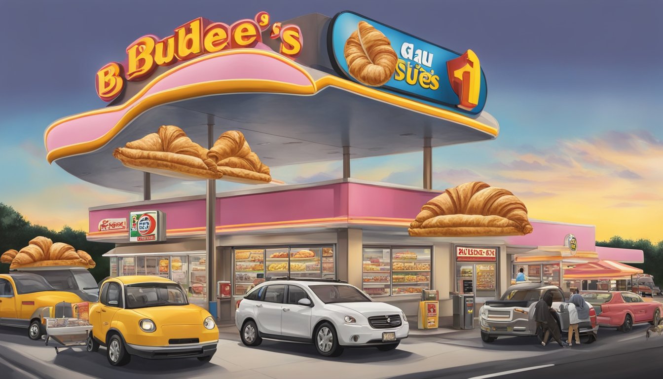 A golden croissant filled with ham and Swiss cheese, surrounded by 11 other breakfast items, set against a backdrop of a Buc-ee's gas station and highway