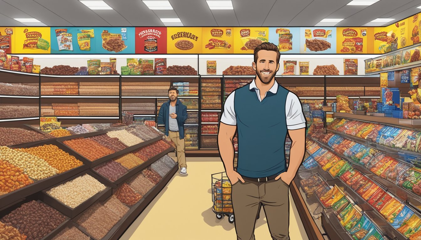 Ryan Reynolds standing in front of a display of jerky at Buc-ee's, surrounded by other shoppers and bright merchandise