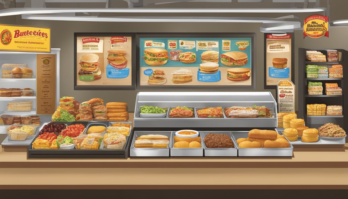 A table displaying a variety of breakfast items from Buc-ee's, including sandwiches, burritos, and pastries, with accompanying nutritional information labels