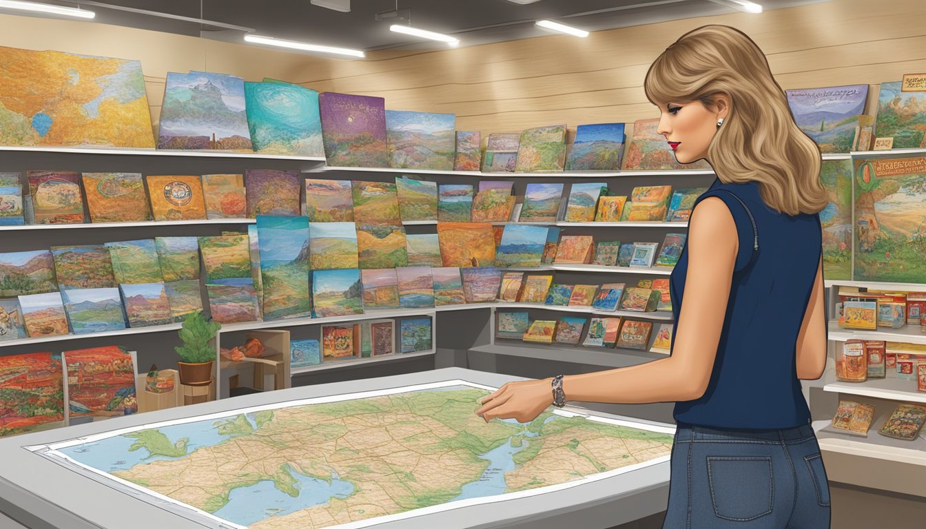 Taylor Swift examines a road map next to a display of decor at Buc-ee's