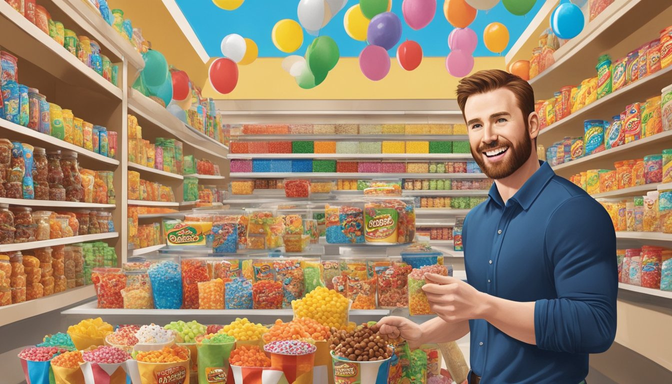 Chris Evans indulging in sugary treats at Buc-ee's, surrounded by shelves of colorful snacks and candy