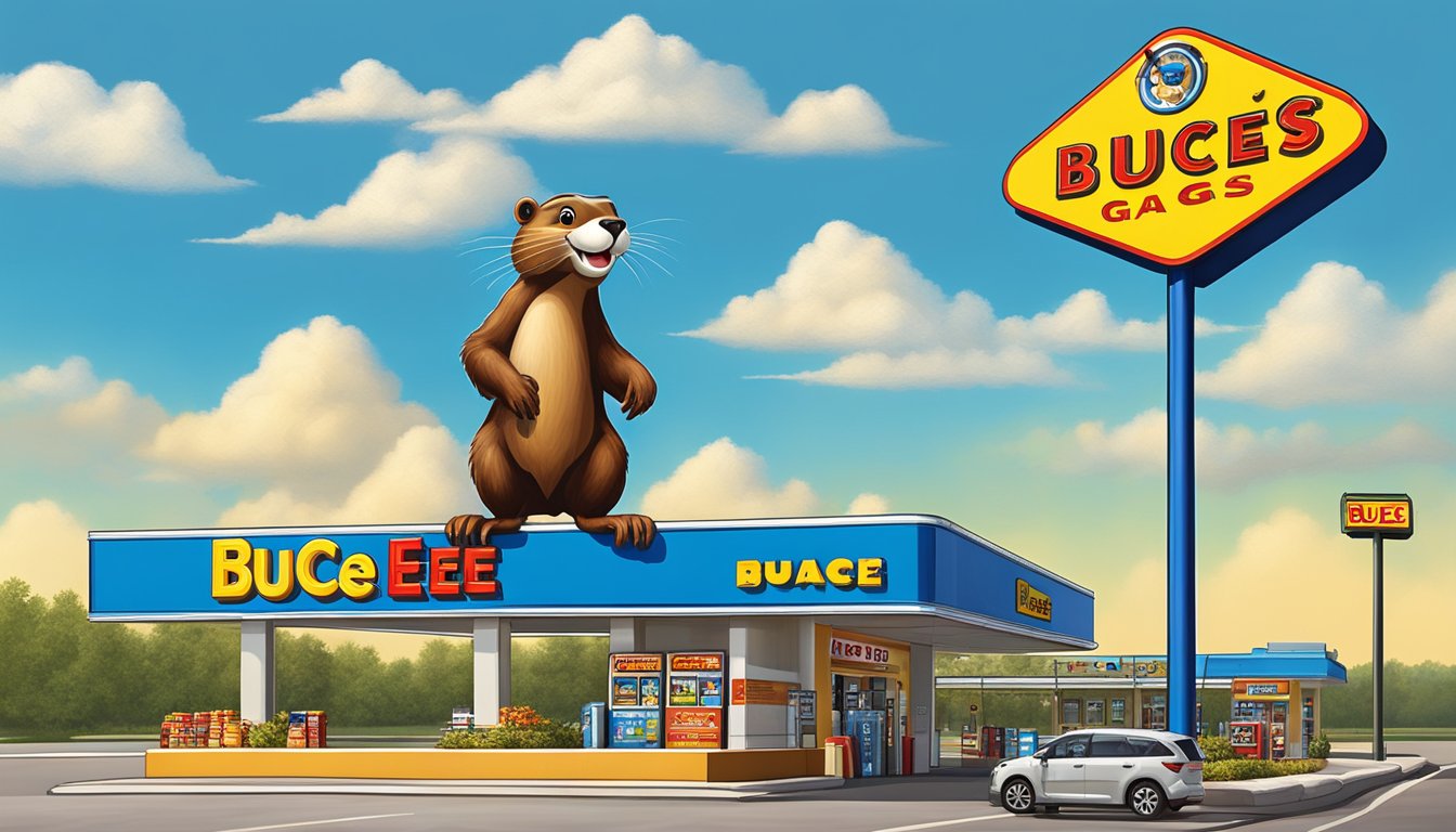 A large, smiling beaver sign stands tall against a bright blue sky, beckoning travelers to the famous Buc-ee's gas station