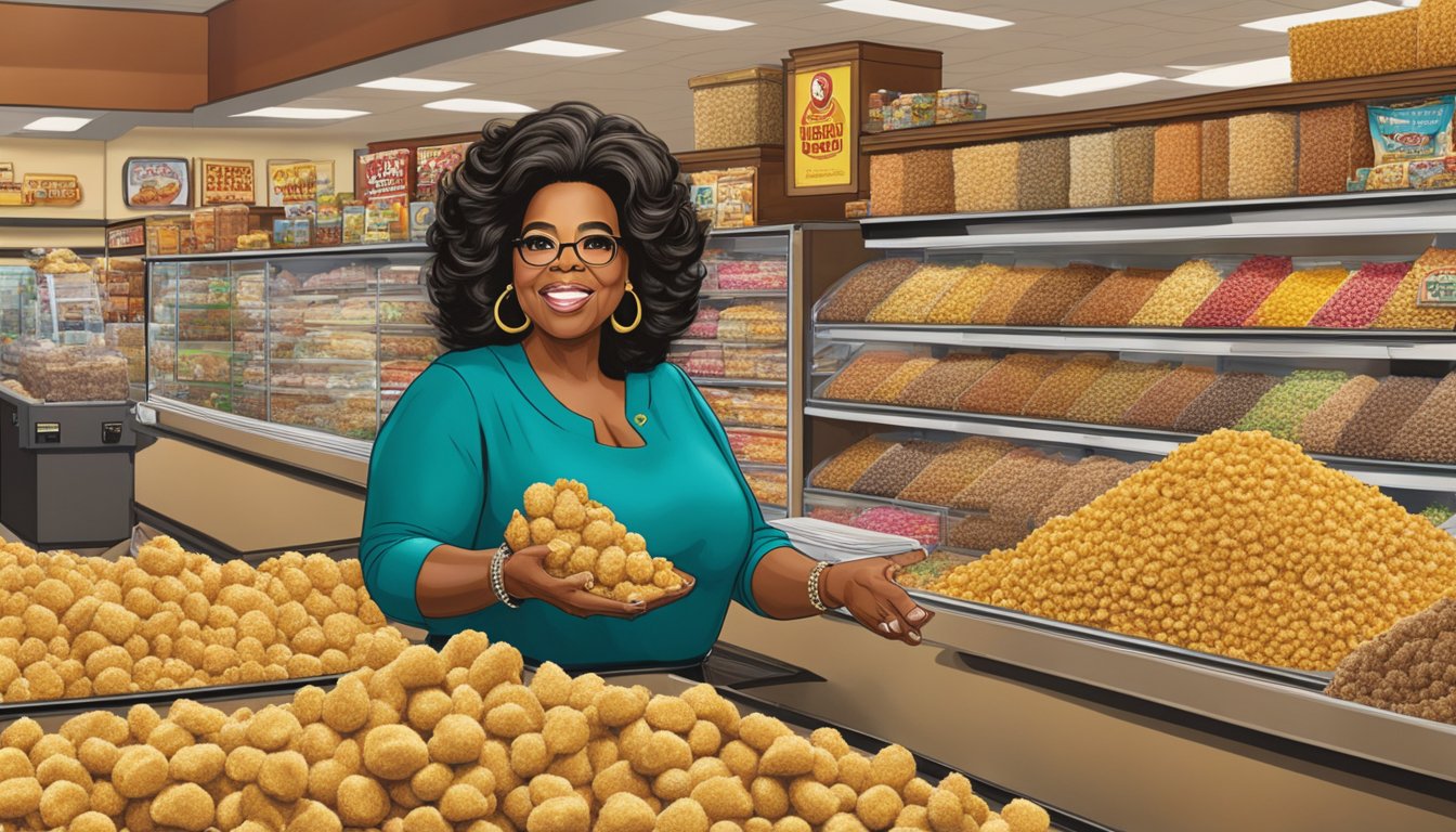 Oprah Winfrey examines a display of beaver nuggets in a bustling Buc-ee's store