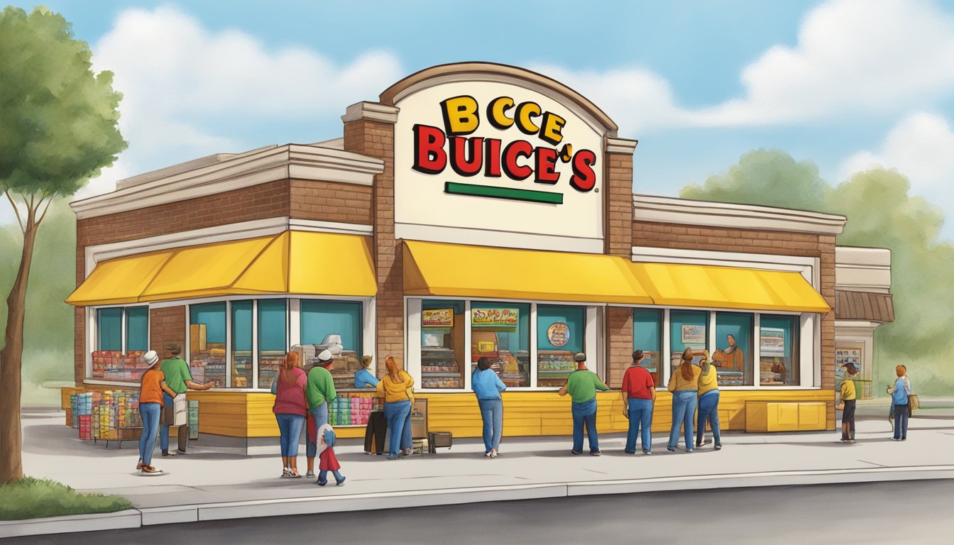 A colorful Buc-ee's storefront with a line of customers eagerly buying and enjoying kolaches. The iconic beaver mascot stands proudly in front