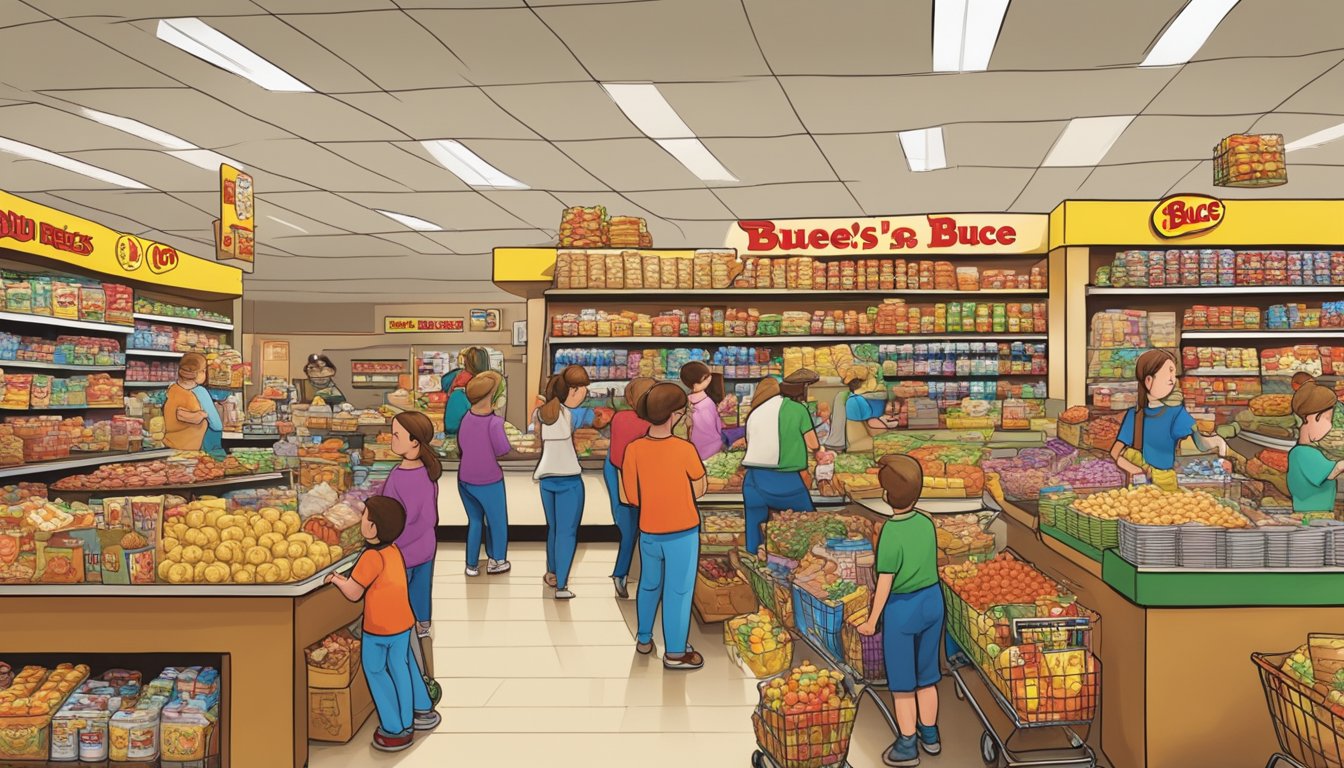 A crowded Buc-ee's store with shelves overflowing with various snacks and customers loading up their baskets with an abundance of treats