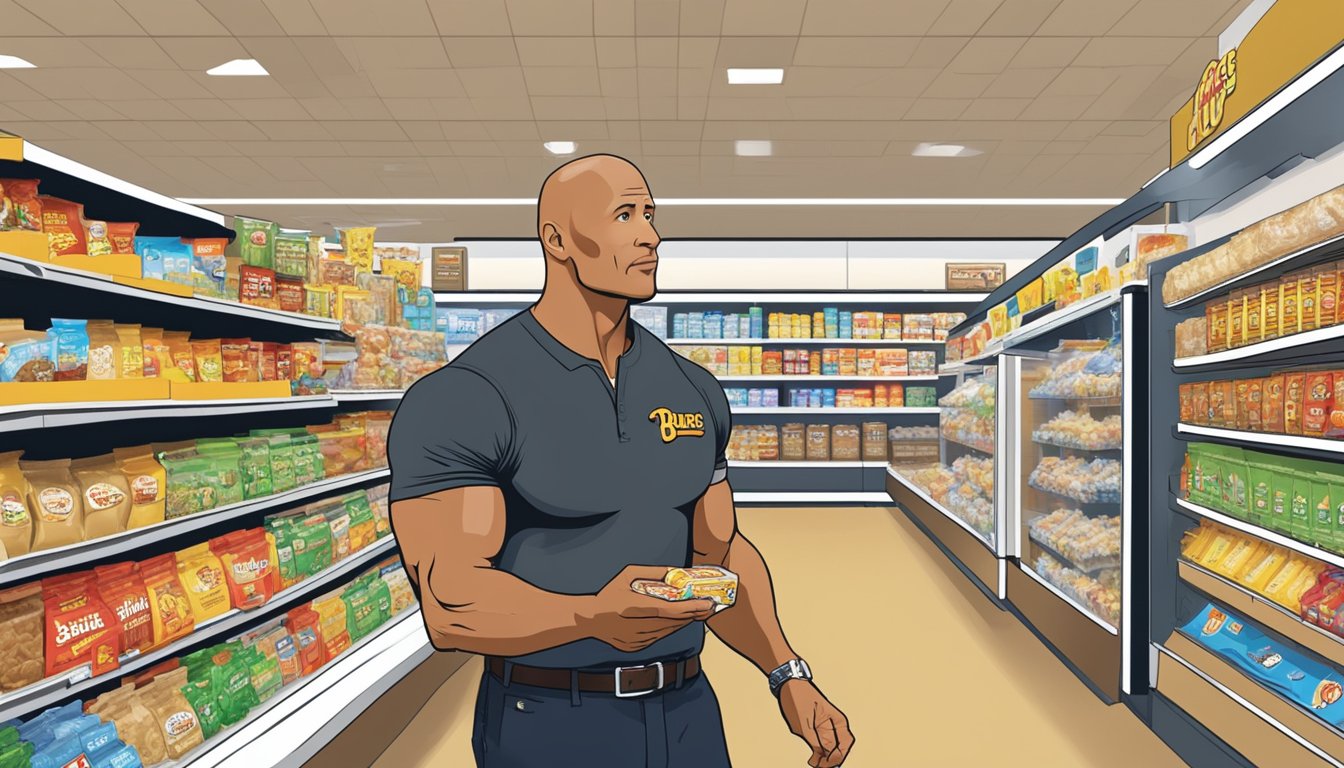 Dwayne Johnson selecting protein bars and water at a Buc-ee's store