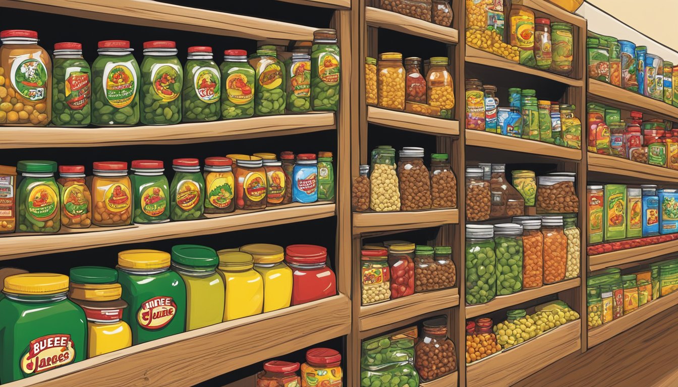 A jar of candied jalapeños surrounded by other popular Buc-ee's products on a store shelf, with bright packaging and a cult following