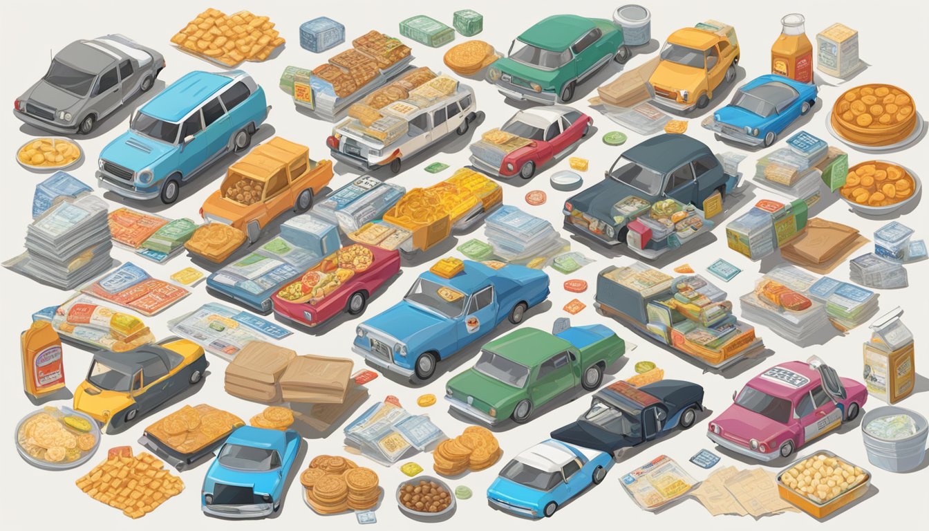 A car dashboard with a map, snacks, and a pile of license plates from various states scattered around