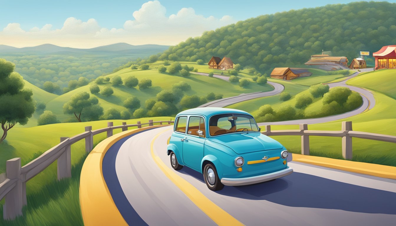 A colorful car driving on a winding road with a sign for "Buc-ee's" in the distance, surrounded by rolling hills and trees